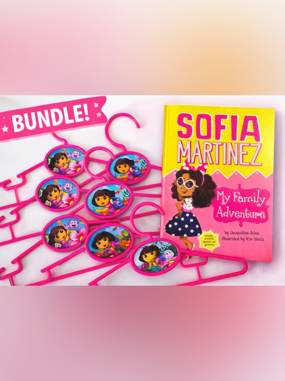 Dora Hangers Set (8) + Sofia Martinez Book Bundle Kids NEW